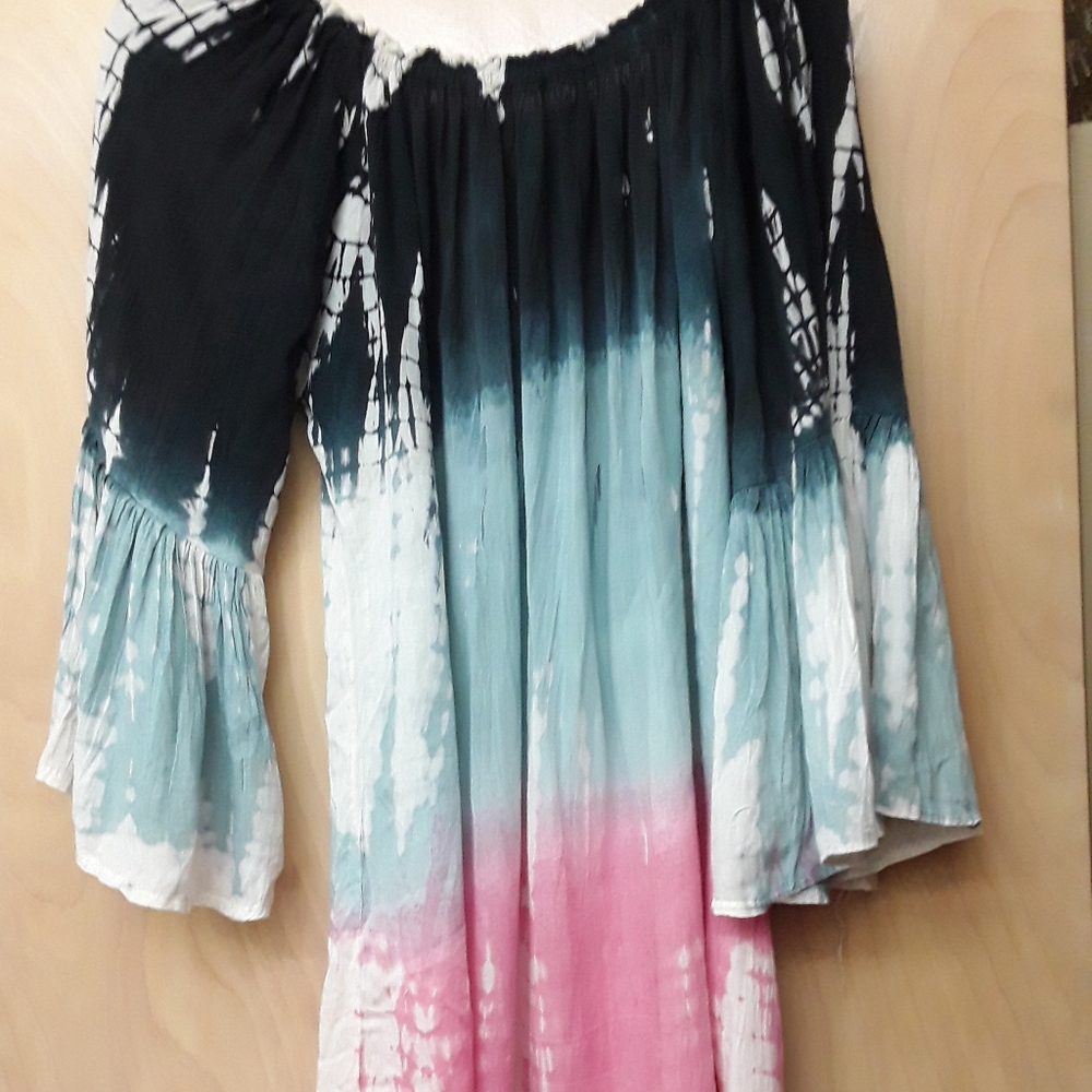 Tie Dye Blue Pink Ombre Boho Flowy Beach Dress